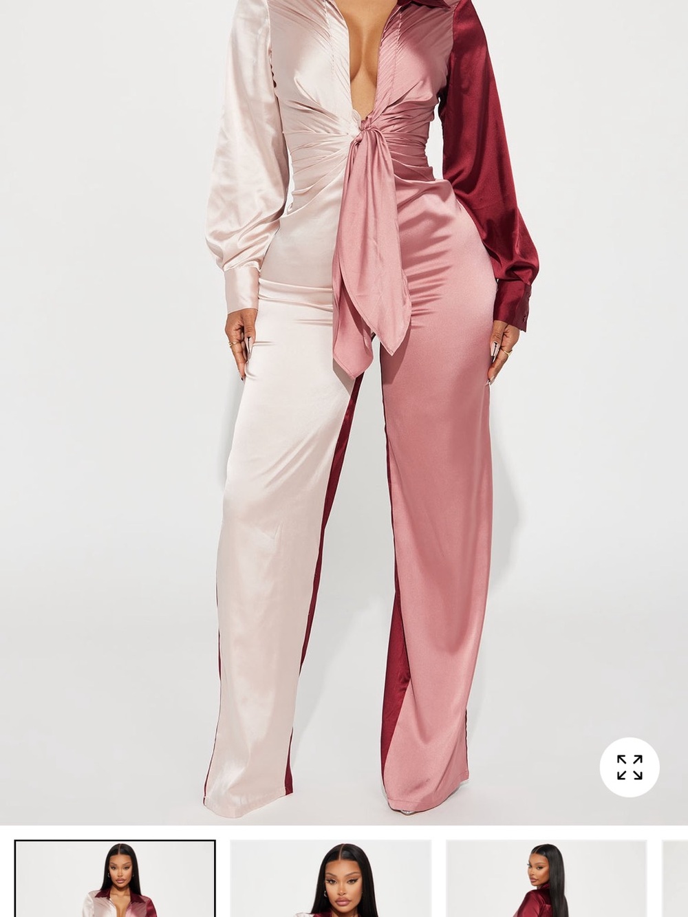 Fashion Nova Satin Colorblock Wide-Leg Jumpsuit in Blush, Rose & Burgundy